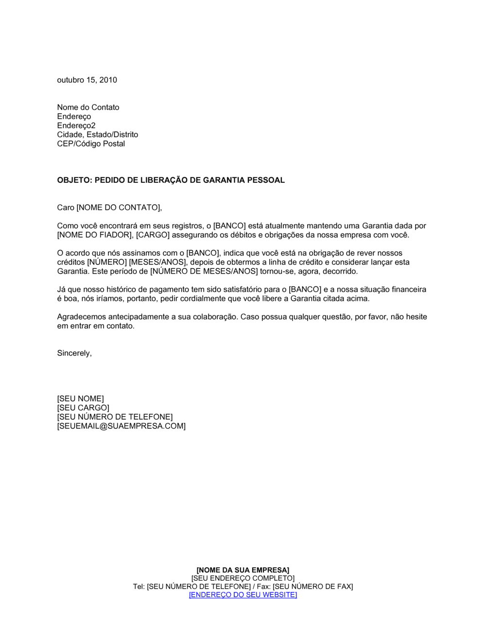Business-in-a-Box's Pedido de Liberação de Garantia Pessoal