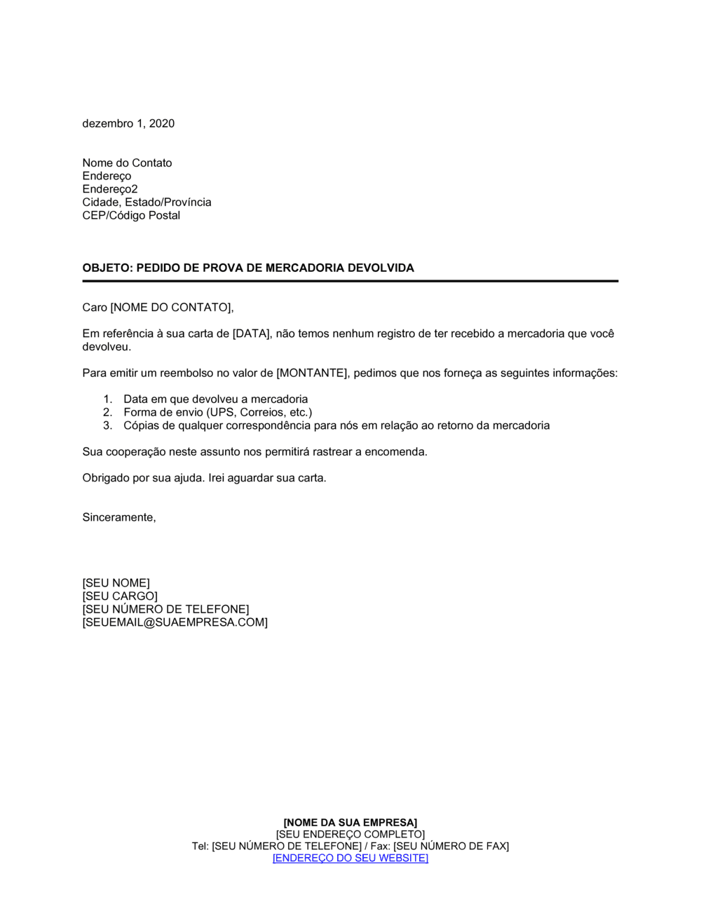 Business-in-a-Box's Pedido de Prova de Devolução de Mercadoria