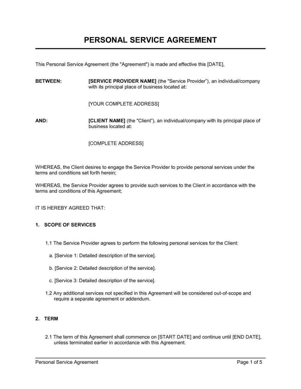 Business-in-a-Box's Personal Service Agreement Template