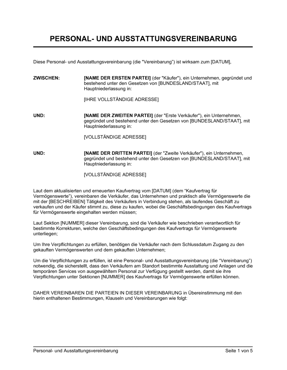 Business-in-a-Box's Personal und Ausstattungsvereinbarung