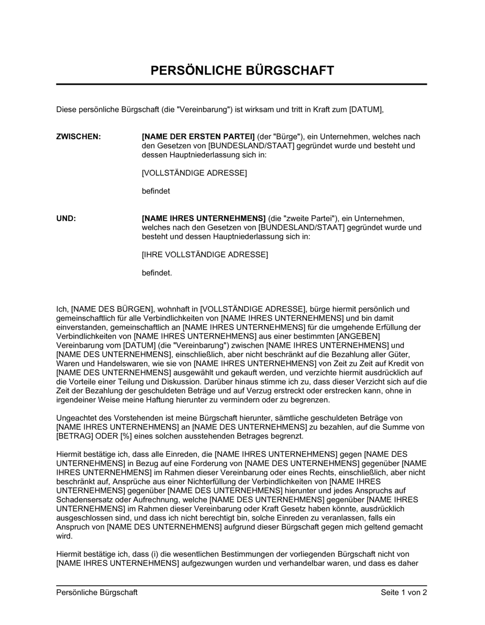 Business-in-a-Box's Persönliche Bürgschaft