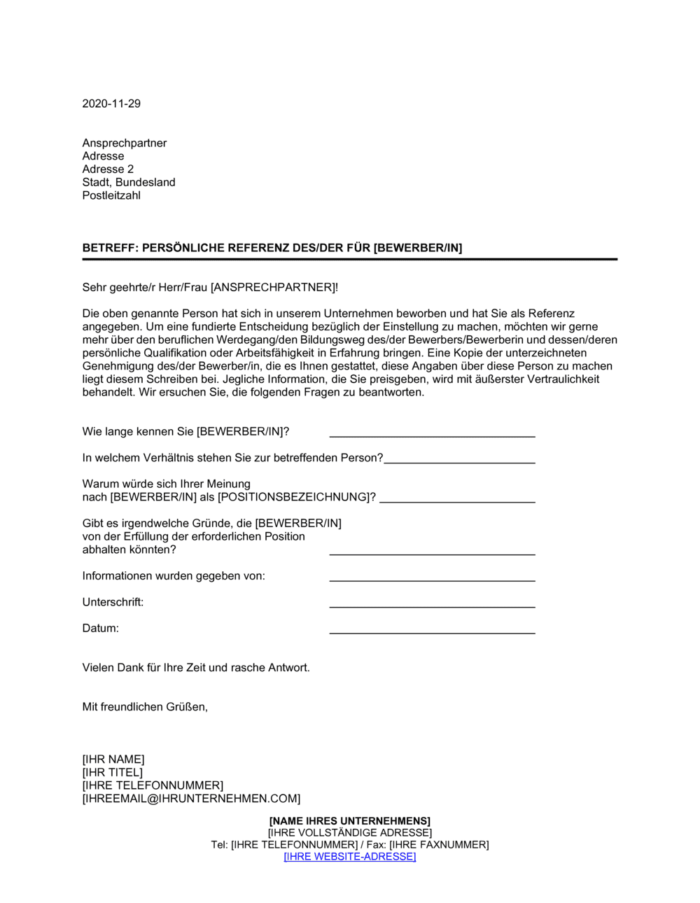 Business-in-a-Box's Persönliche Referenz Kontrollbrief