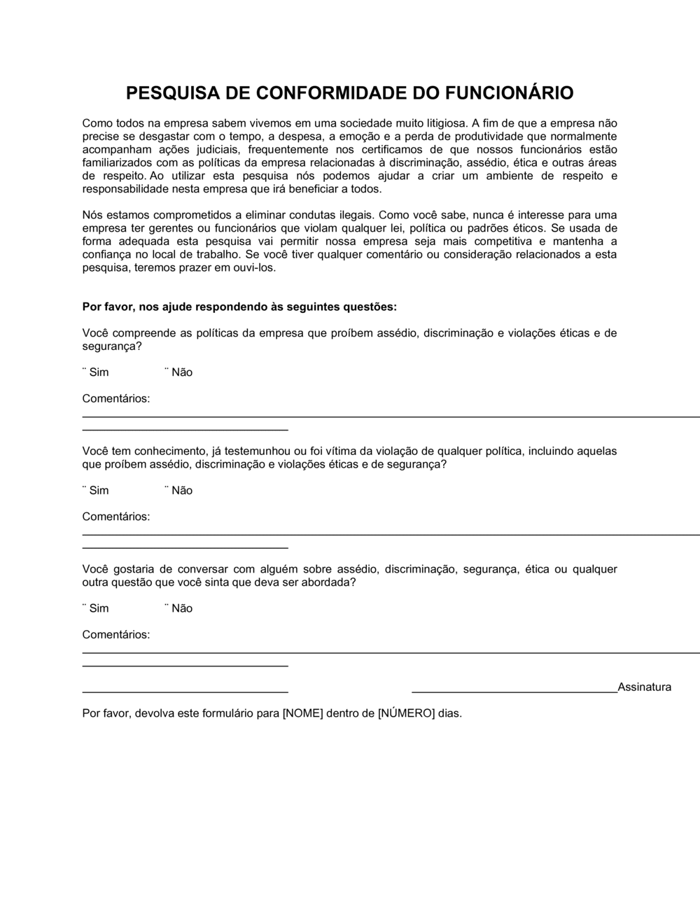 Business-in-a-Box's Pesquisa de Cumprimento do Funcionário