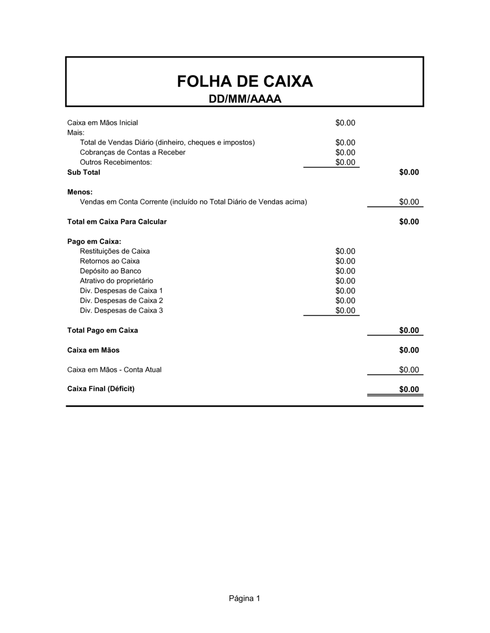 Business-in-a-Box's Planilha de Dinheiro Diária