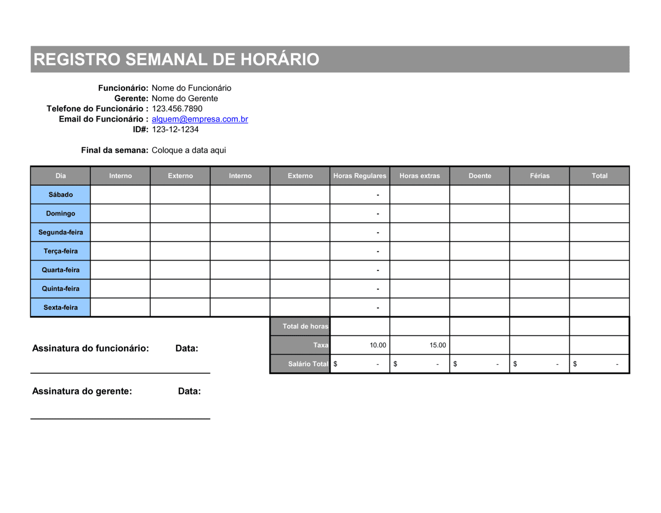 Business-in-a-Box's Planilha de Horário