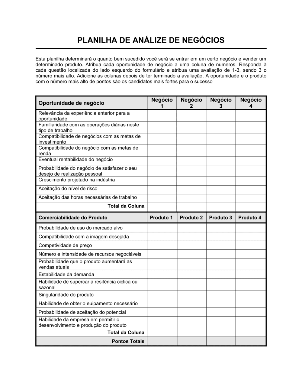 Business-in-a-Box's Planilha Análise de Negócios