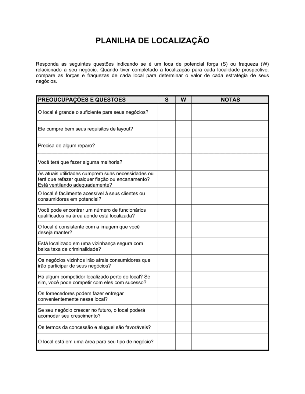 Business-in-a-Box's Planilha Condições do Local