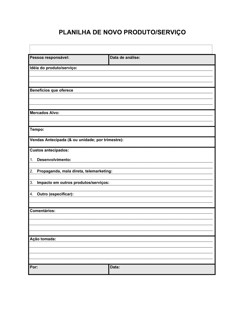 Business-in-a-Box's Planilha Novo Produto ou Serviço