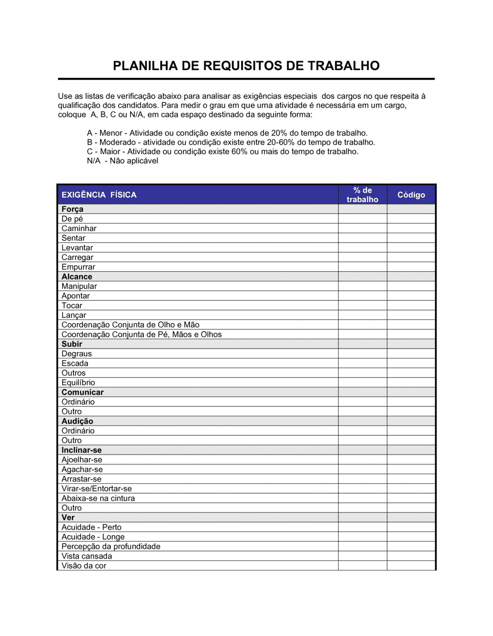 Business-in-a-Box's Planilha Requisitos de Trabalho