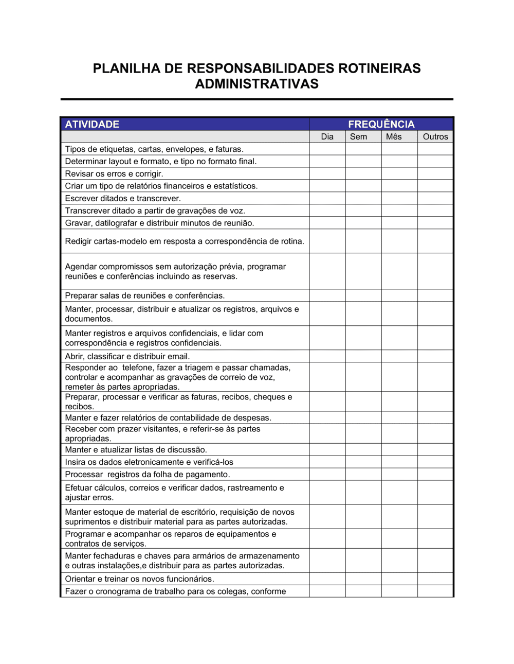 Business-in-a-Box's Planilha Rotinas de Responsabilidade Clérigas