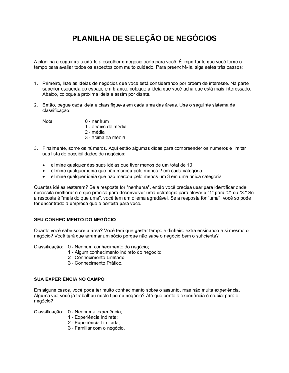 Business-in-a-Box's Planilha Seleção do Negócio