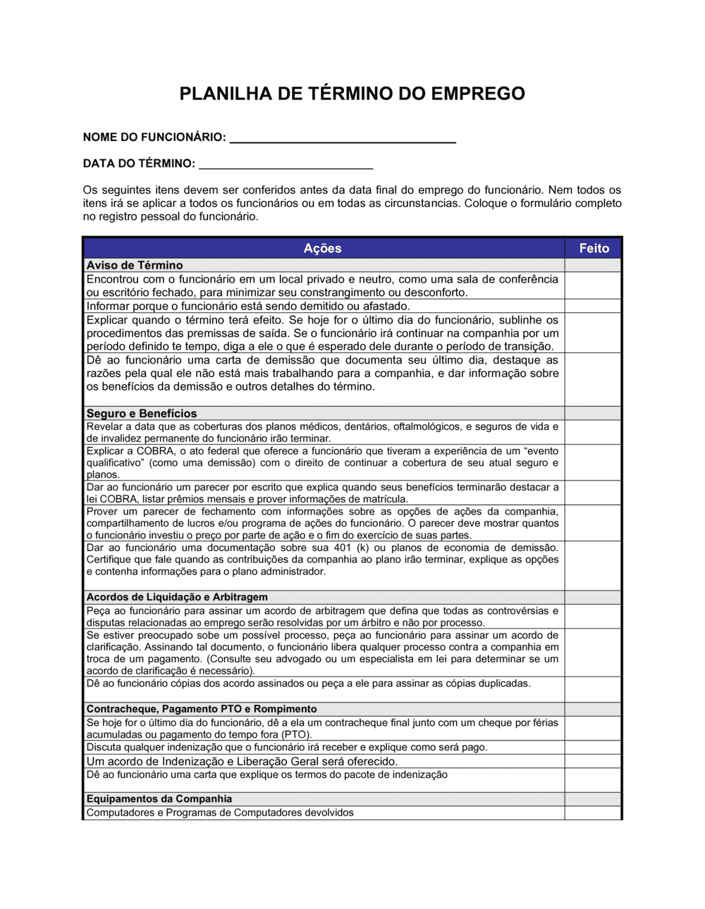 Business-in-a-Box's Planilha Término do Emprego