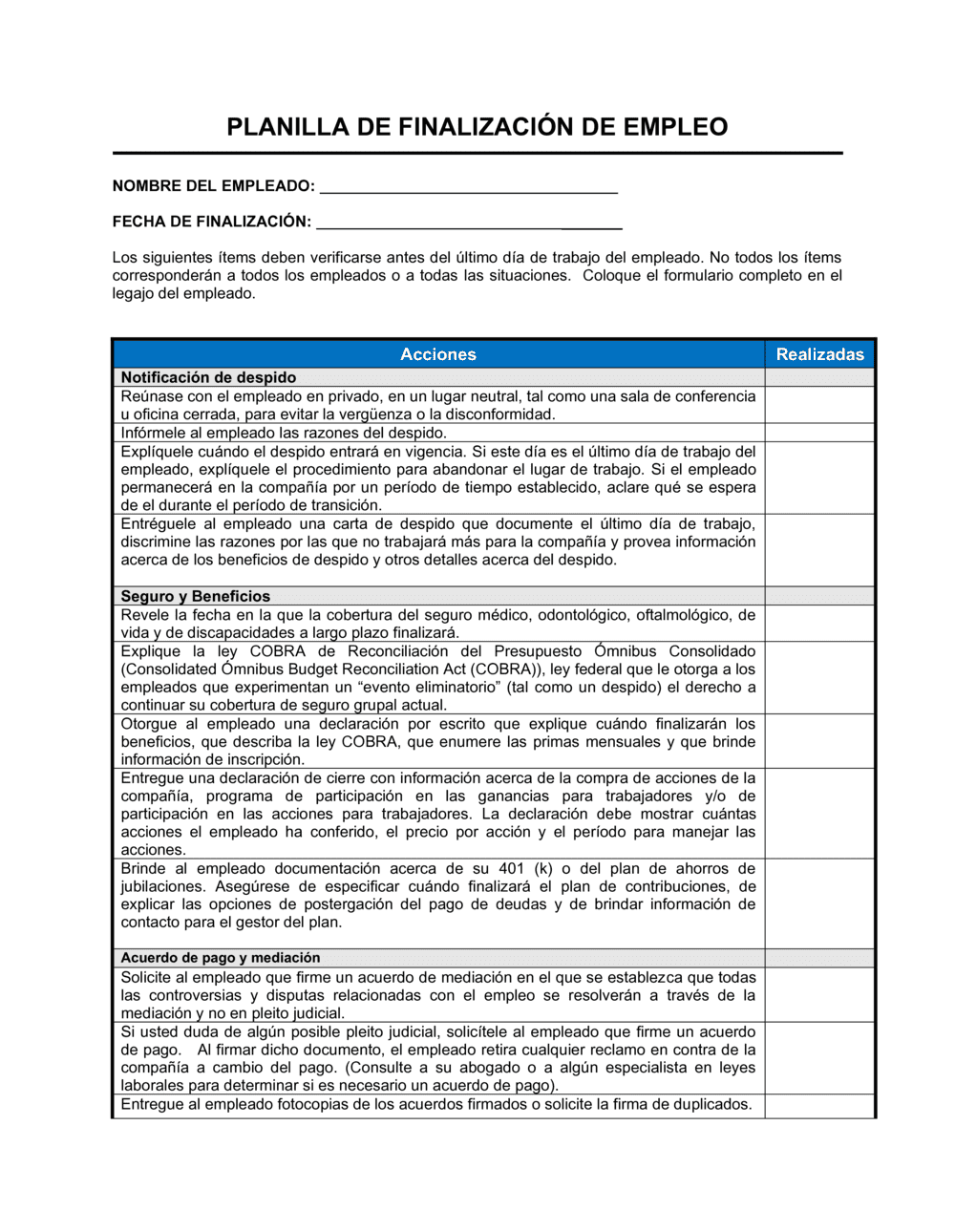 Business-in-a-Box's Planilla de extinción de la relación laboral