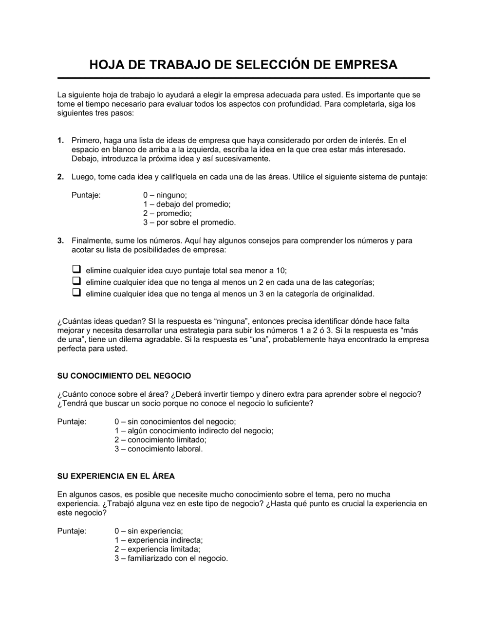 Business-in-a-Box's Planilla de selección comercial