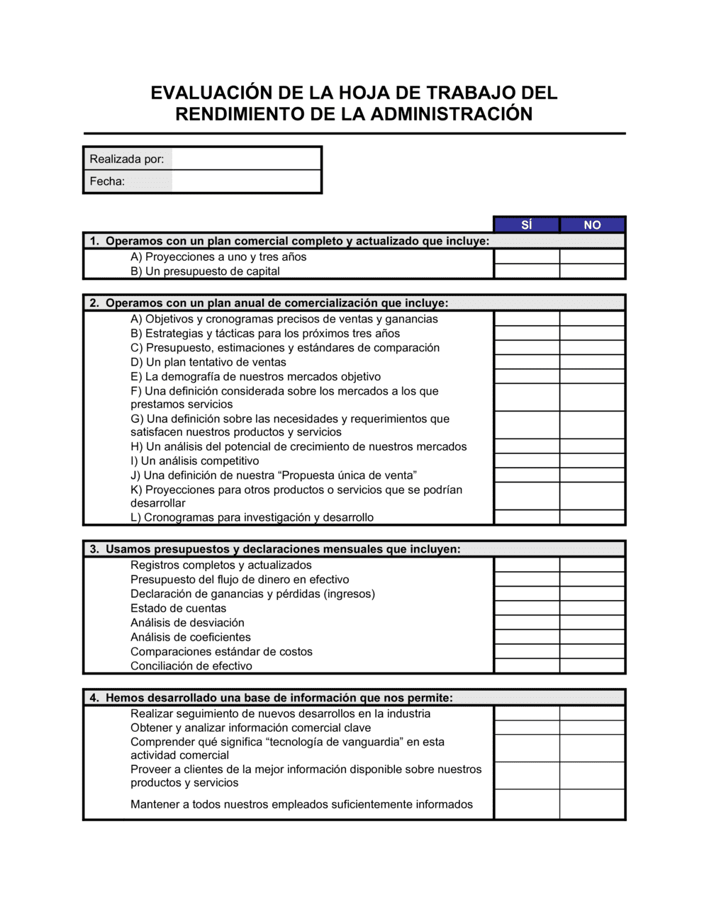 Business-in-a-Box's Planilla para la evaluación del desempeño de la gestión