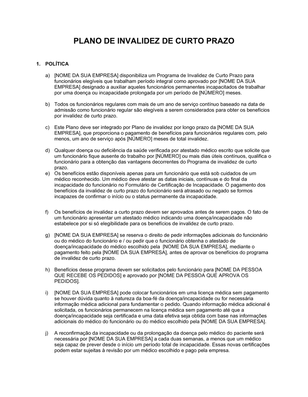 Business-in-a-Box's Plano de Invalidez Curto Período