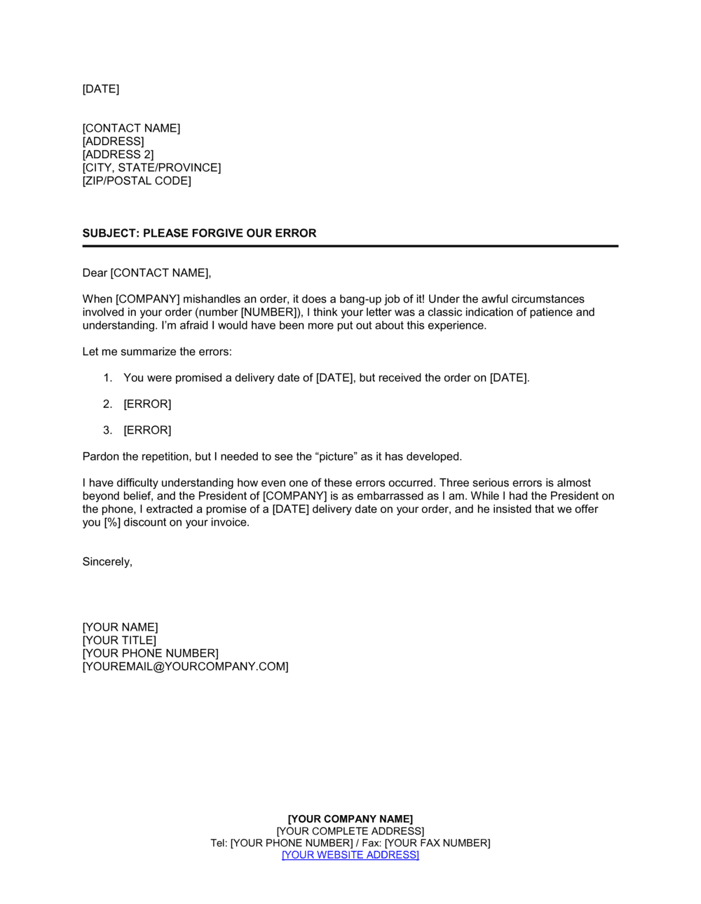 Business-in-a-Box's Please Forgive the Error Made in Order Template