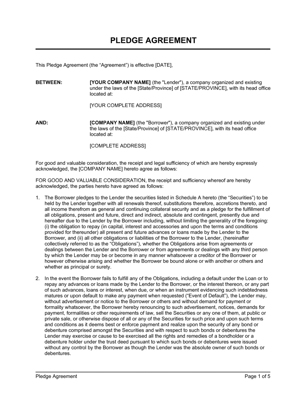 Business-in-a-Box's Pledge Agreement Debenture Template