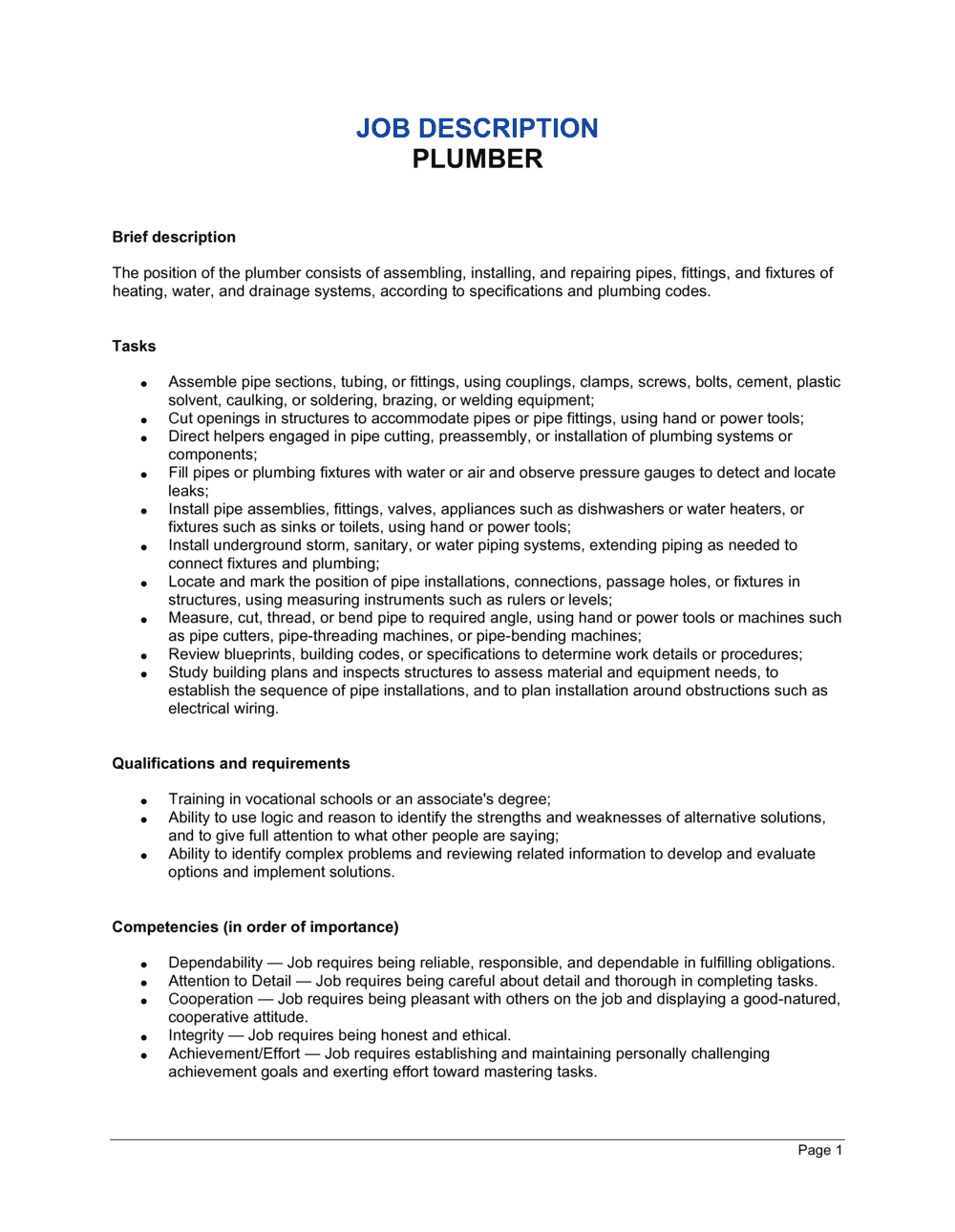 Plumber Job Description Template  by Business-in-a-Box™ Throughout Plumbing Proposal Template