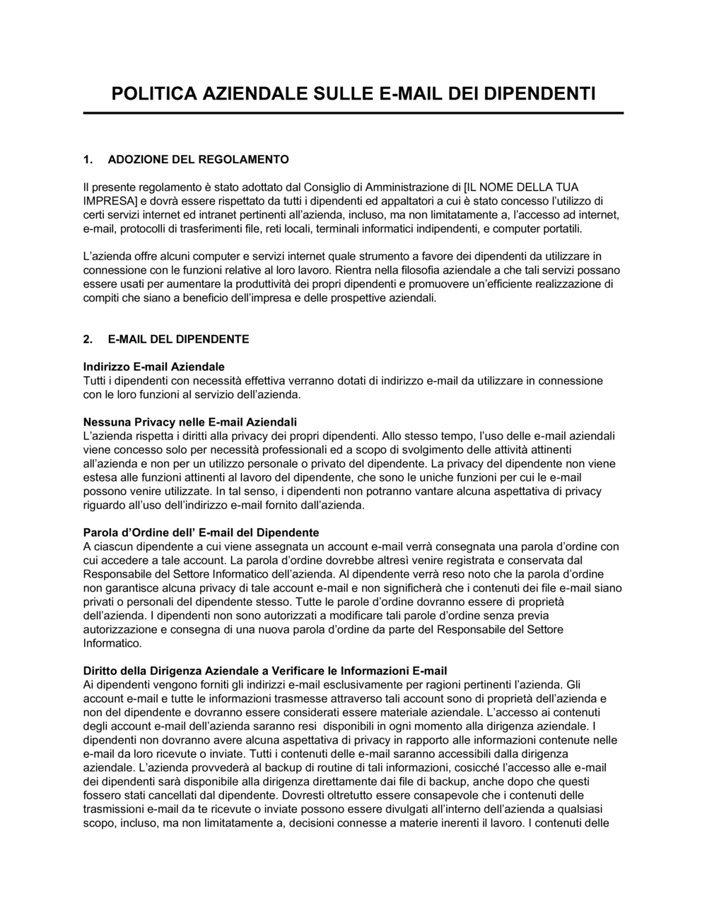 Business-in-a-Box's Politica aziendale sulle e-mail