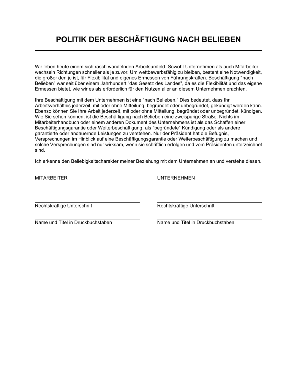 Business-in-a-Box's Politik der Beschäftigung nach Belieben