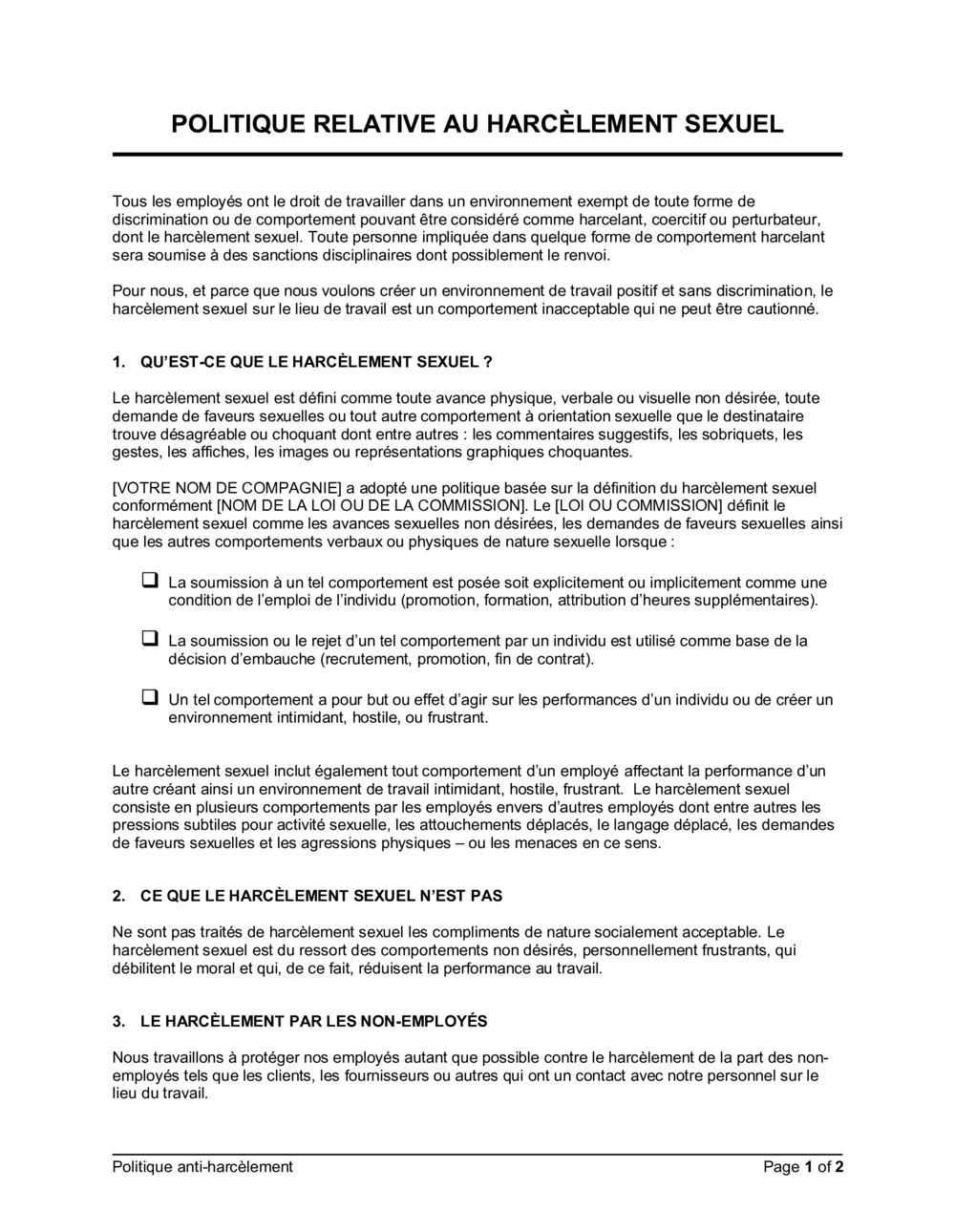 Business-in-a-Box's Politique anti-harcèlement sexuel
