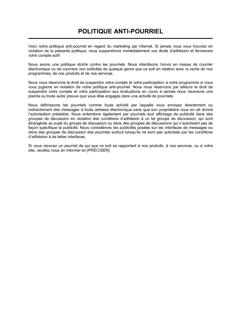 Business-in-a-Box's Politique anti-pourriel