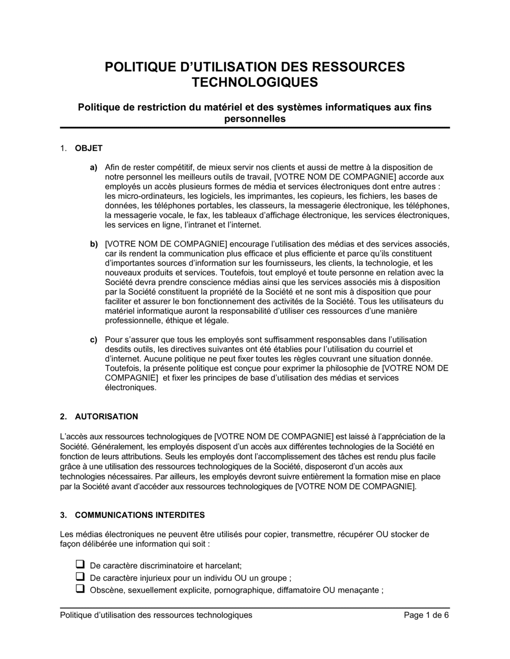 Business-in-a-Box's Politique d'utilisation des ressources technologiques