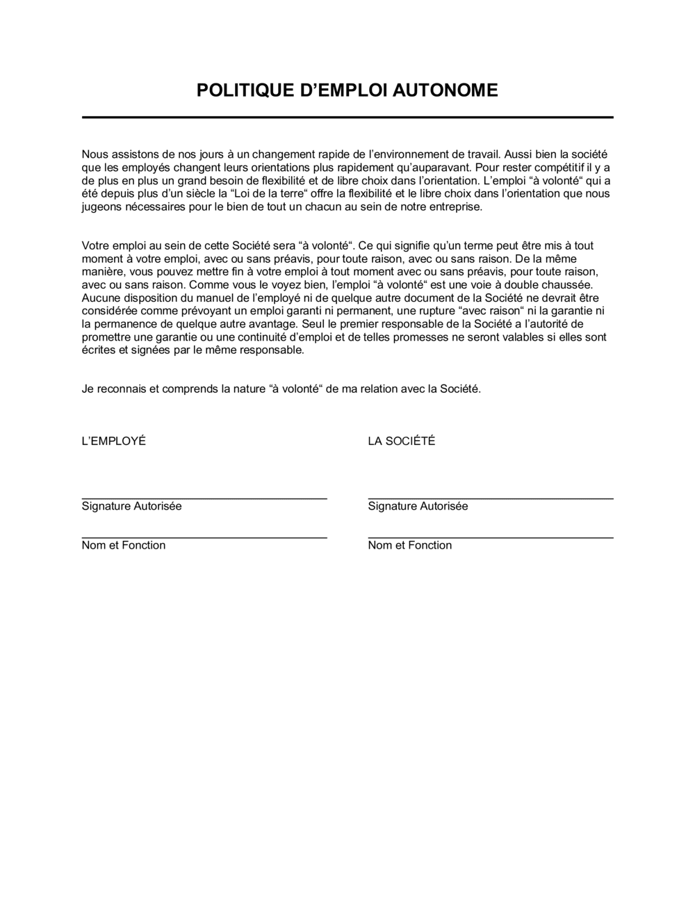 Business-in-a-Box's Politique d'emploi autonome