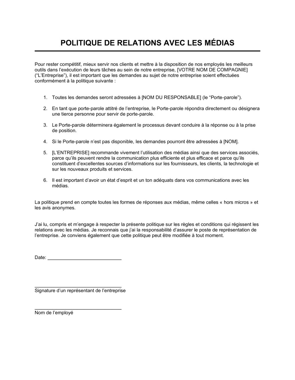 Business-in-a-Box's Politique de relations avec la presse