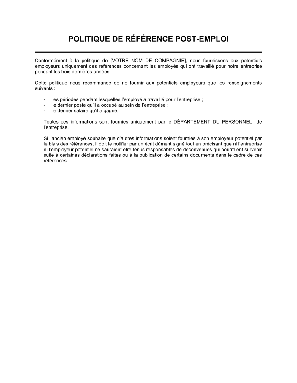 Business-in-a-Box's Politique de référence post-emploi