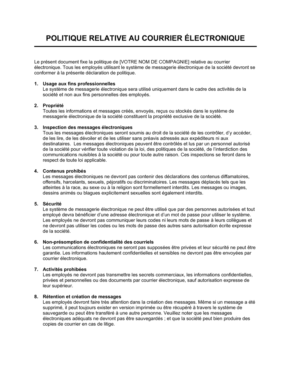 Business-in-a-Box's Politique relative au courrier électronique