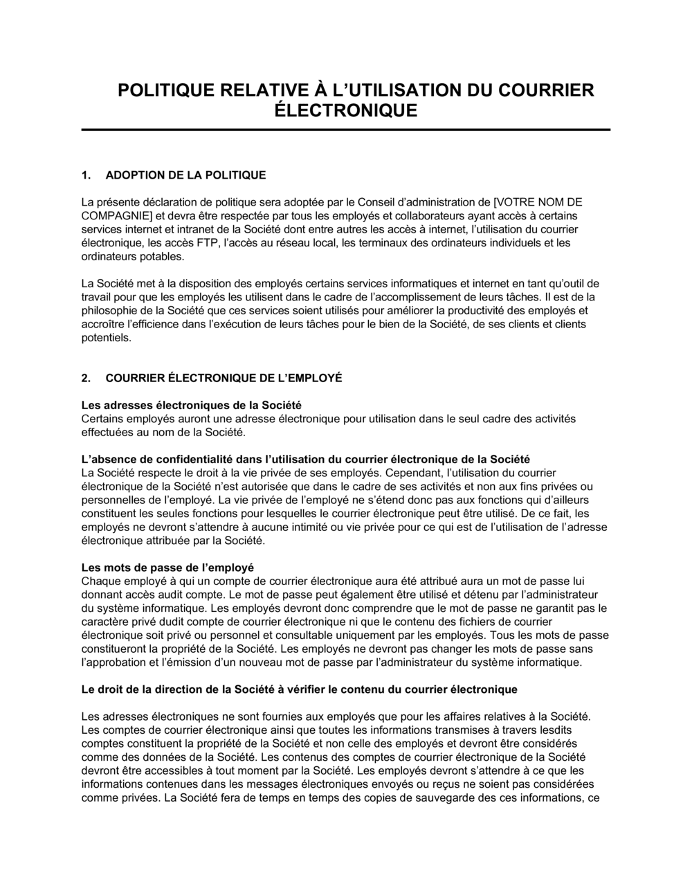 Business-in-a-Box's Politique relative au courrier électronique de l'employé