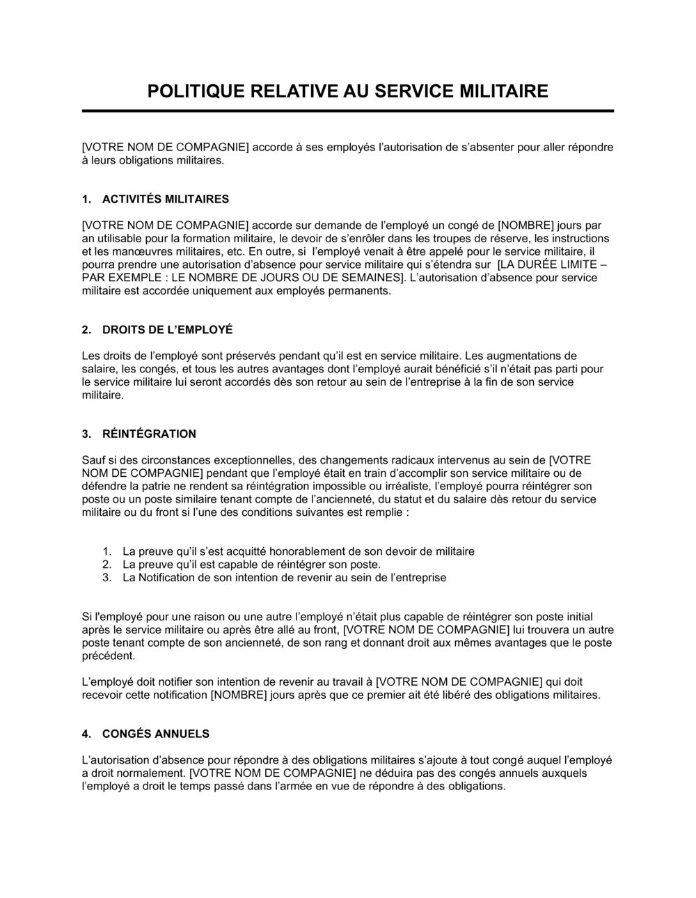 Business-in-a-Box's Politique relative au service militaire