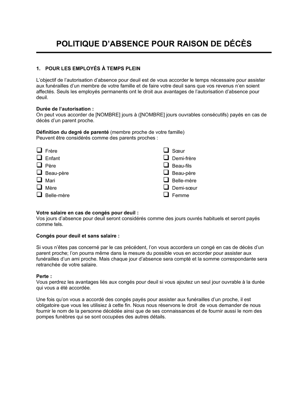 Business-in-a-Box's Politique relative aux absences pour raison de décès
