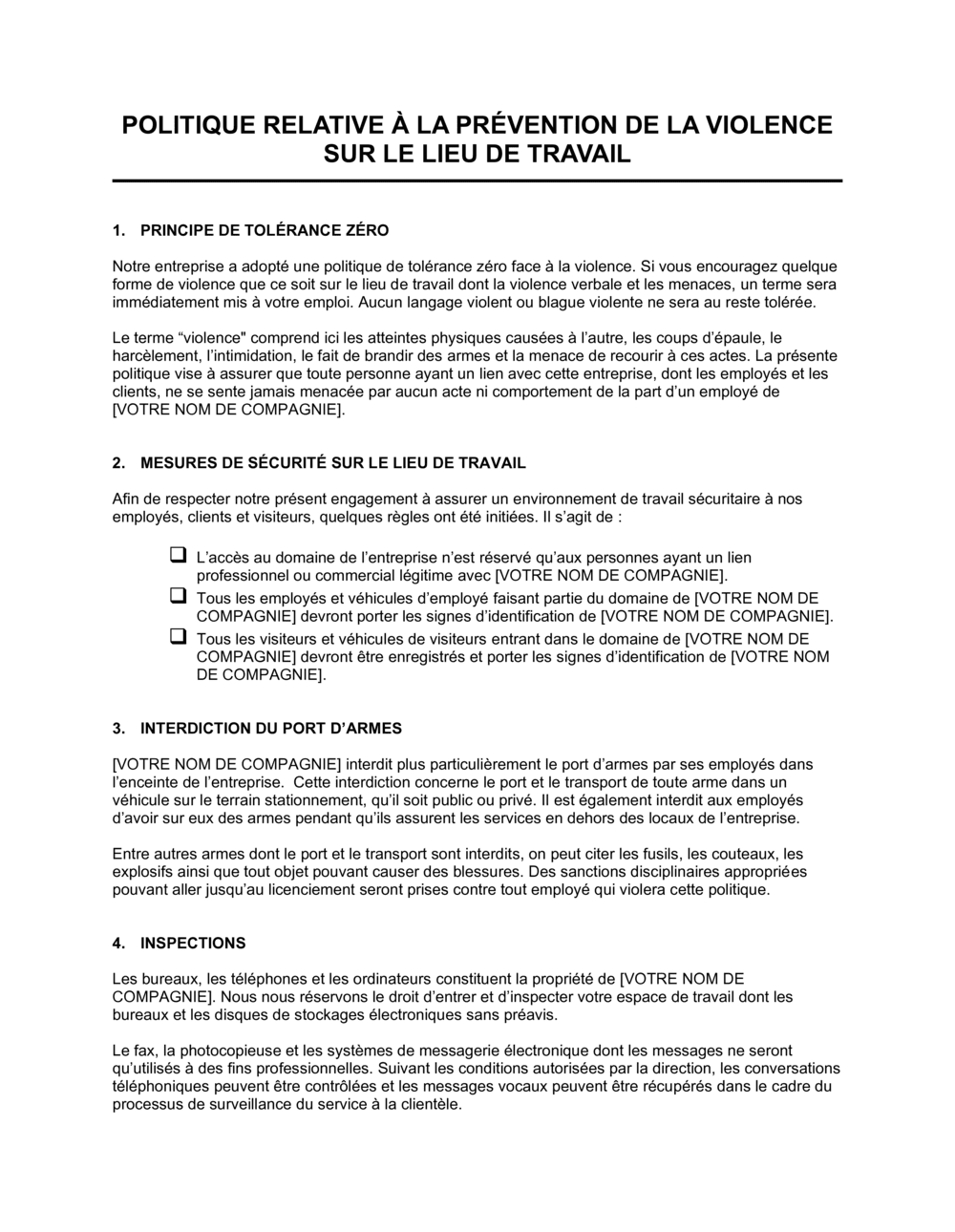 Business-in-a-Box's Politique relative à la prévention de la violence sur le lieu de travail