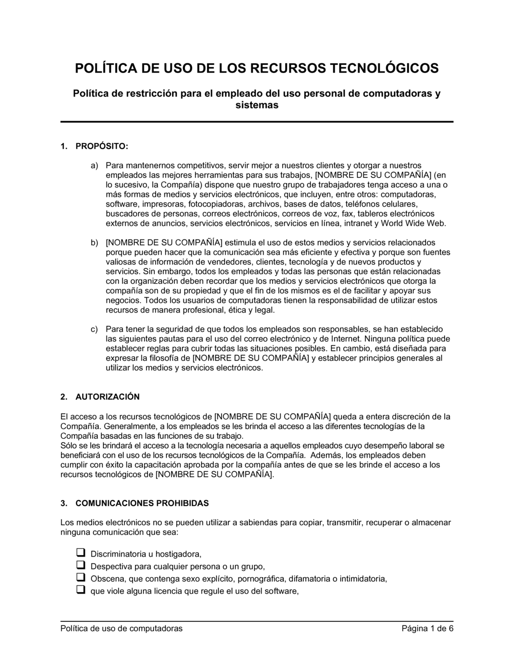 Business-in-a-Box's Política acerca del uso de ordenadores