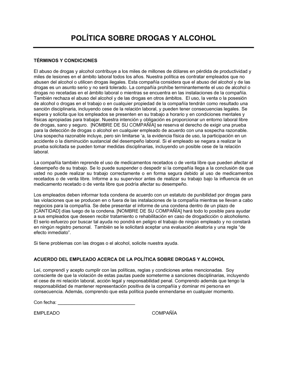 Business-in-a-Box's Política con respecto a las drogas y el alcohol