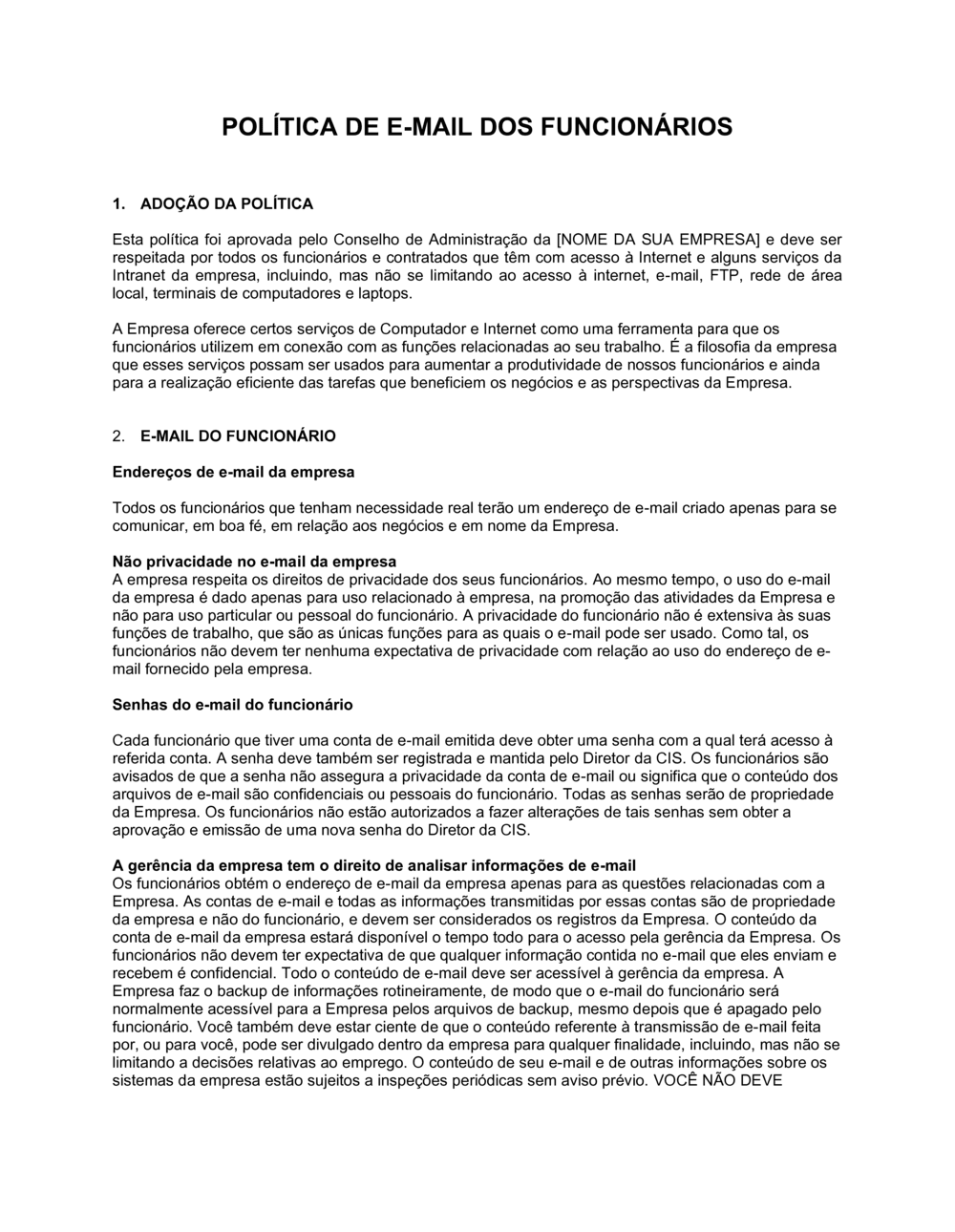 Business-in-a-Box's Política de Email dos Funcionários Longo
