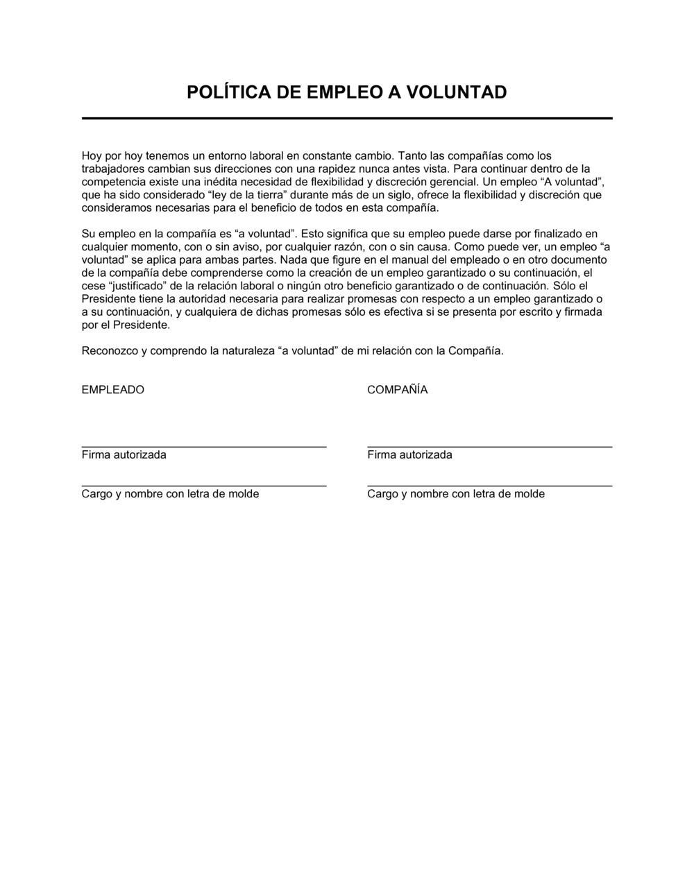 Business-in-a-Box's Política de empleo a voluntad