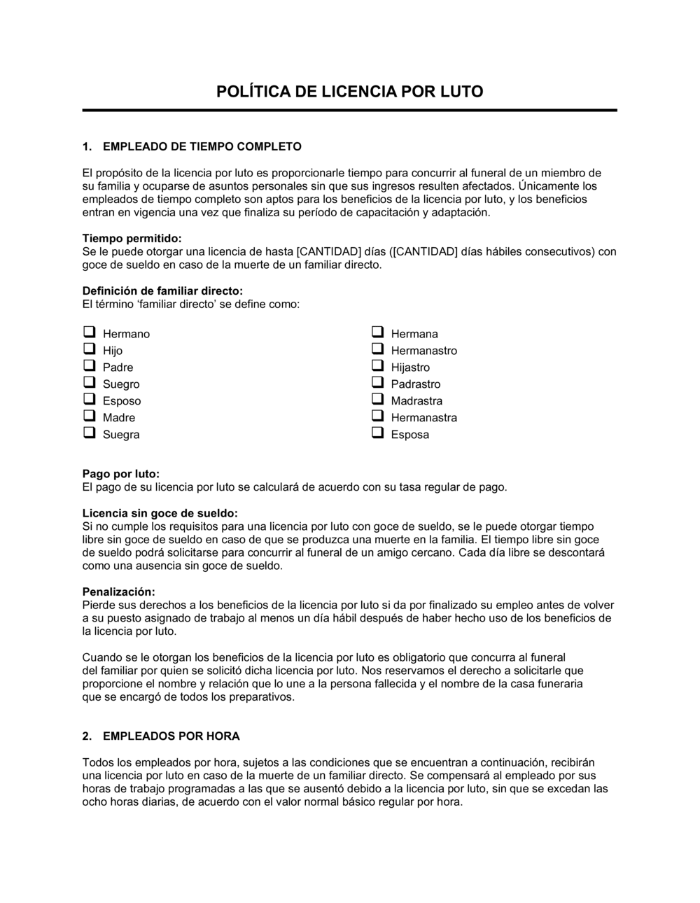 Business-in-a-Box's Política de licencia por luto