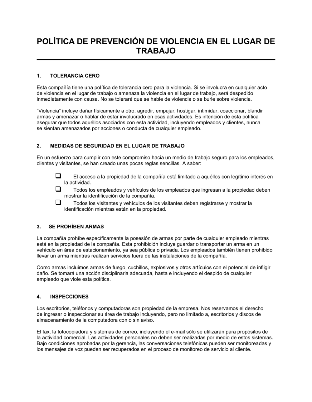 Business-in-a-Box's Política de prevención para violencia laboral