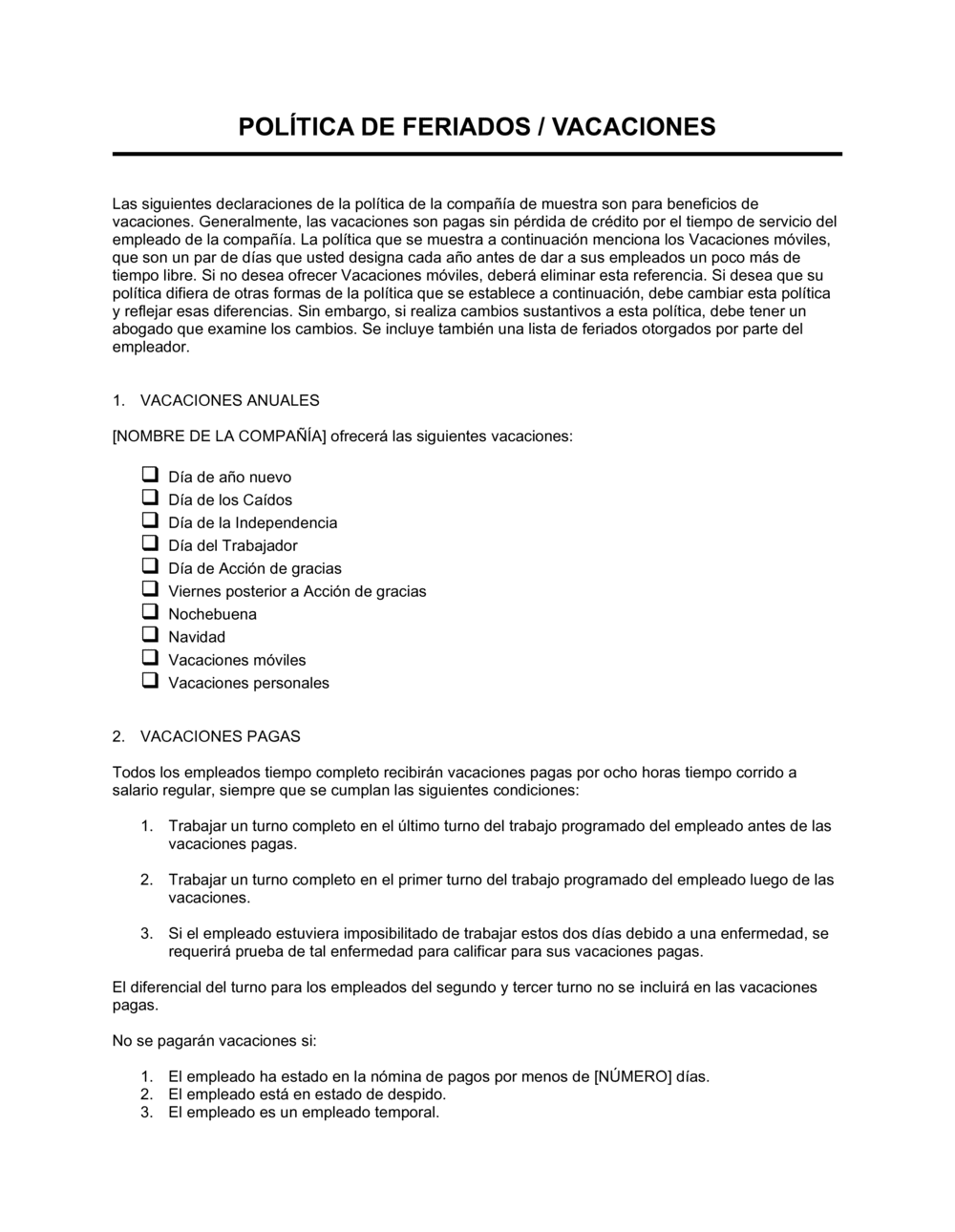 Business-in-a-Box's Política de tiempo libre