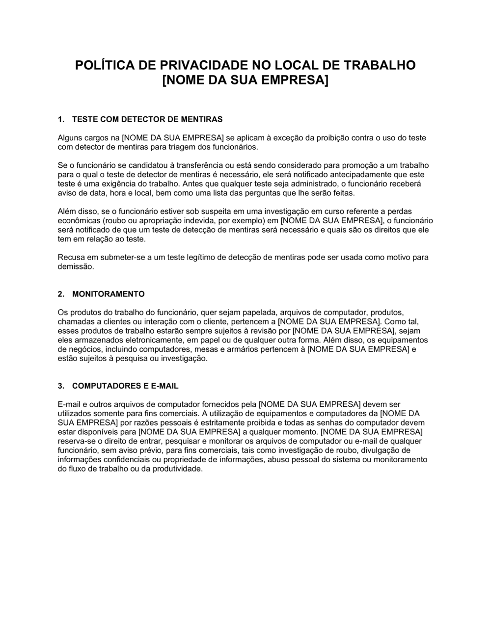 Business-in-a-Box's Política em Privacidade e Monitoramento de Funcionário