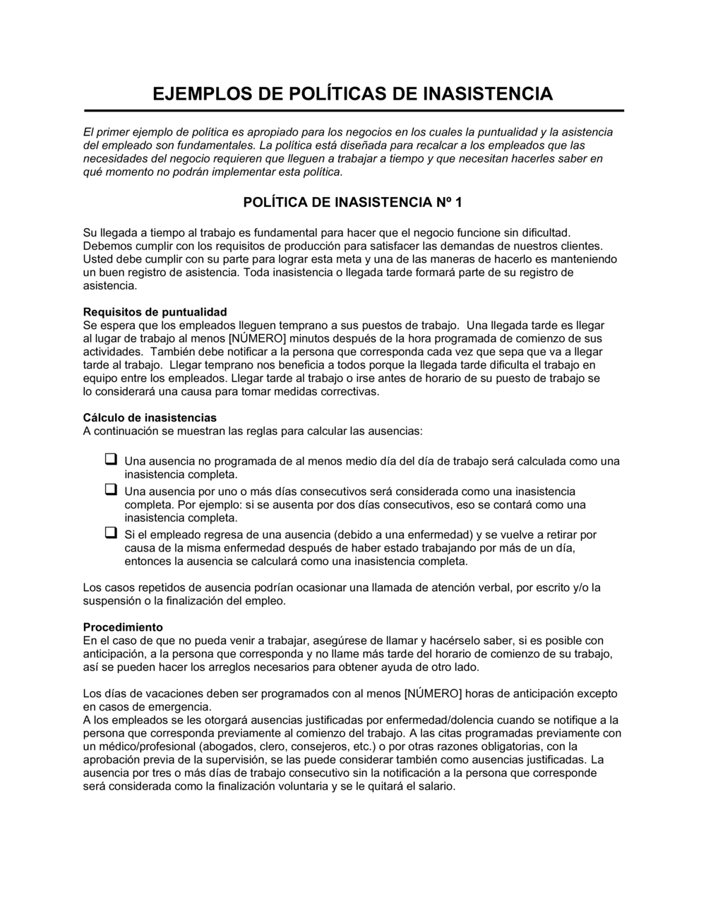 Business-in-a-Box's Políticas de ausentismo