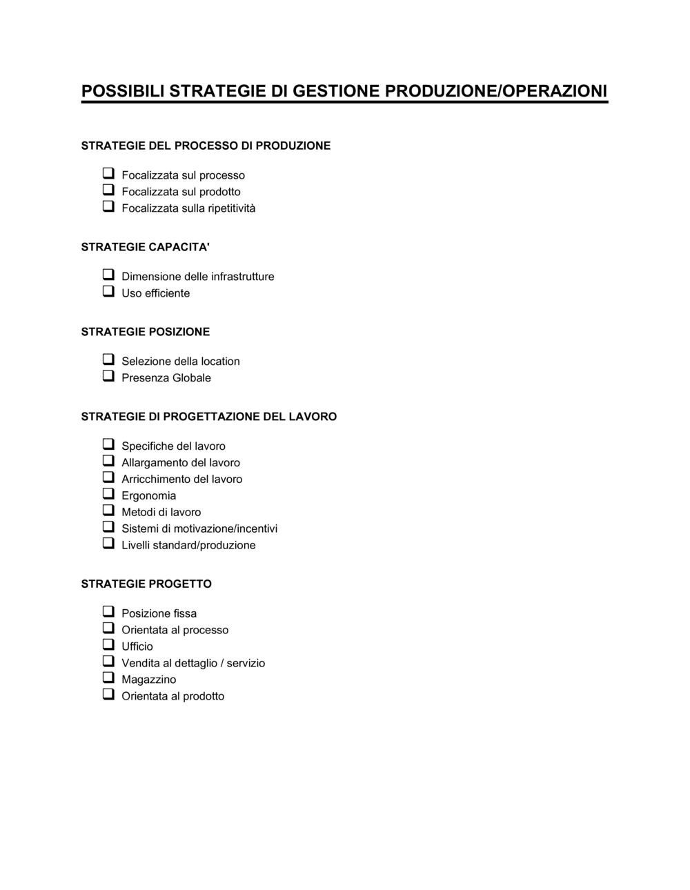 Business-in-a-Box's Possibili strategie di gestione produzione e operazioni