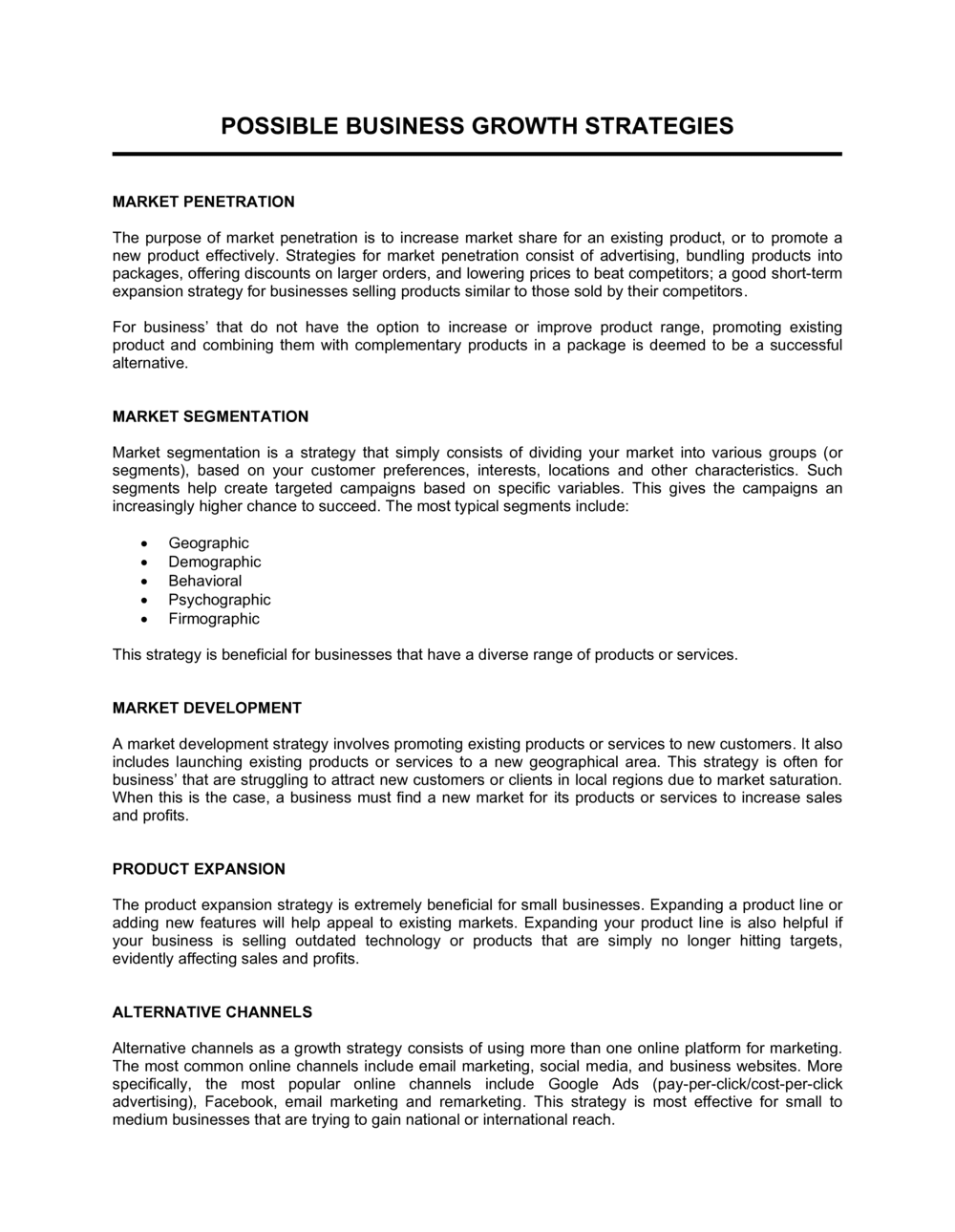 Business-in-a-Box's Possible Business Growth Strategies Template