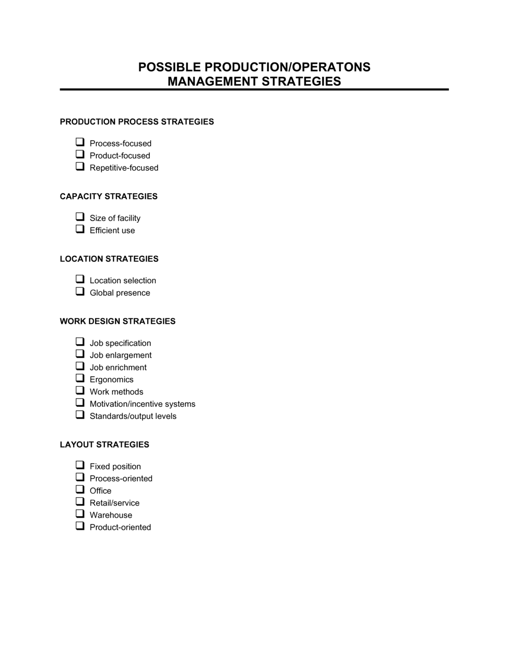 Business-in-a-Box's Possible Production & Operations Management Strategies Template