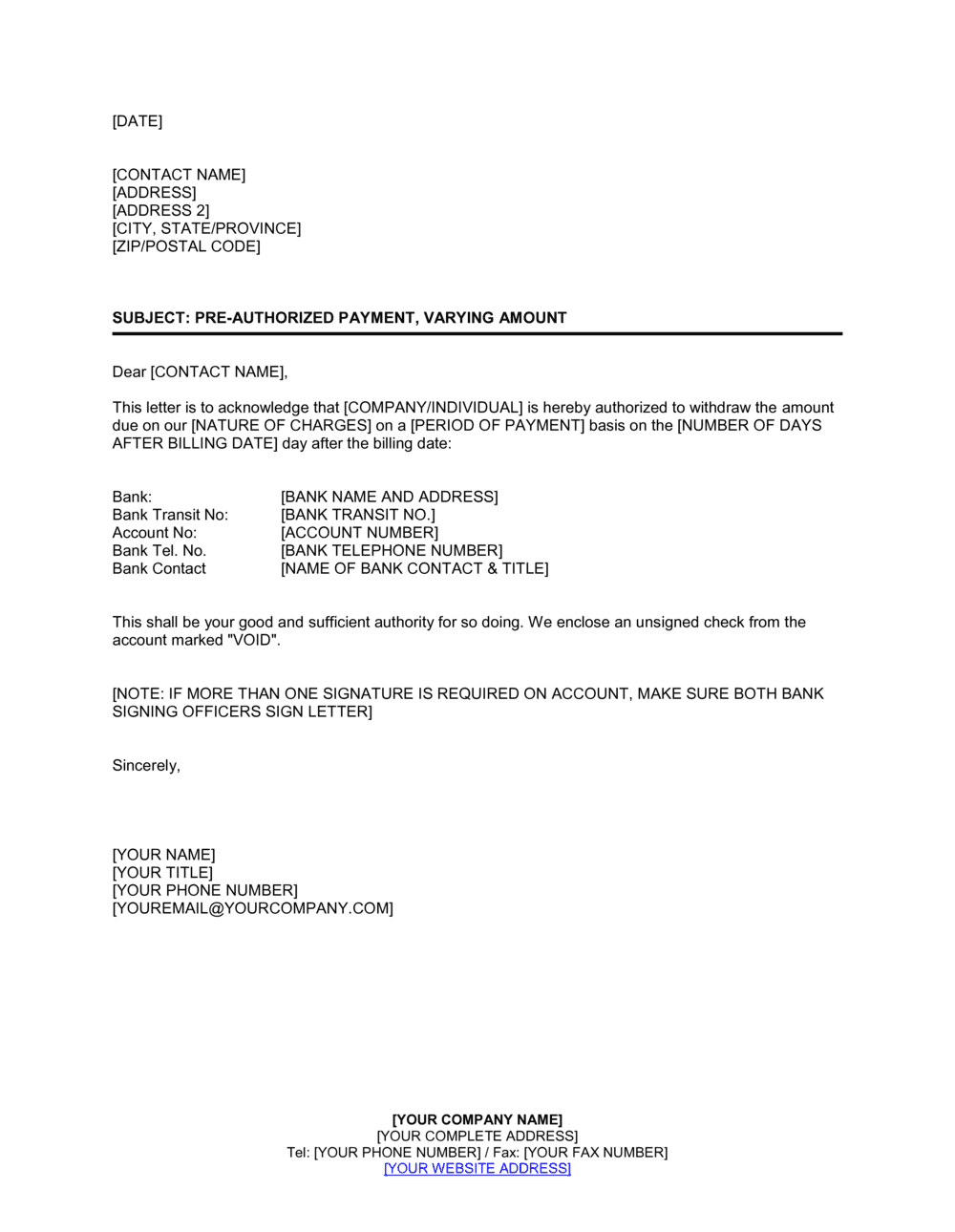 Business-in-a-Box's Pre-Authorized Payment Template