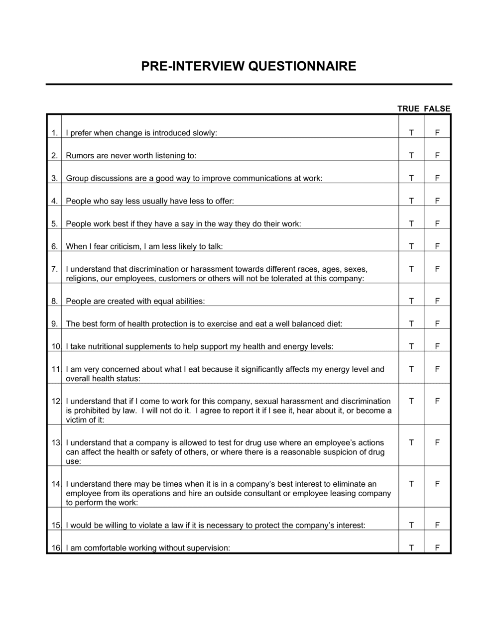 Pre Employment Questionnaire Template